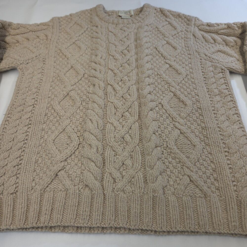 J Crew Sweater Womens M Chunky Knit Lambswool Preppy Fisherman Tan Beige Lattice - Picture 6 of 11